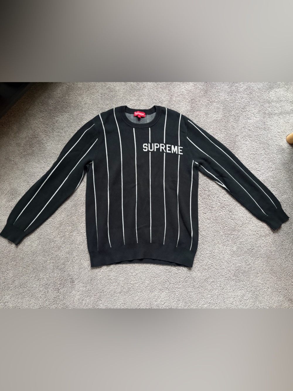 Supreme Black Crewneck Sweater with White Pinstripes